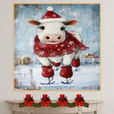 Adorable Christmas Cow Ice Skating in Santa Hat with Red Scarf Festive Farm Animal Illustration for Country Holiday Decor and Whimsical Winter Cheer on Ready to Hang 1.5" Thick Canvas Wrap, Floating Framed Canvas, Flat Rolled Canvas